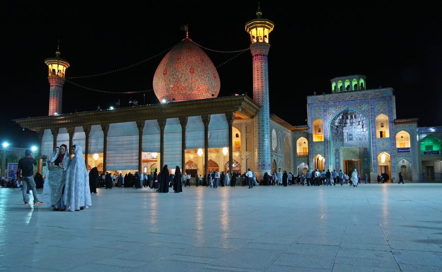Shah Cheragh shrine illuminated at night, Shiraz, Iran