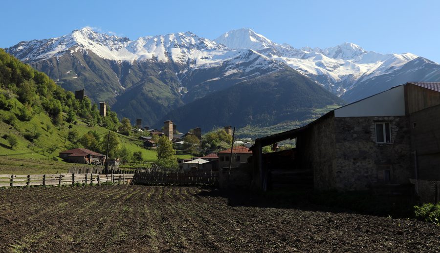 Ushguli village with Caucasus peaks and medieval towers, Georgia